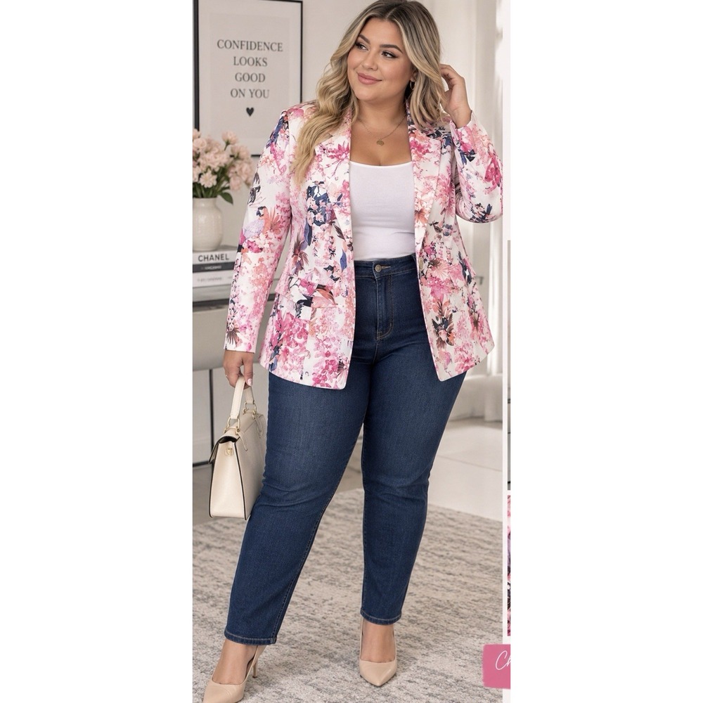SHEIN Women's Floral Blazer Jacket Pink White Chic Workwear Size XL